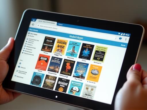 Interface da biblioteca digital LusoLeitura num tablet, mostrando capas de livros.
